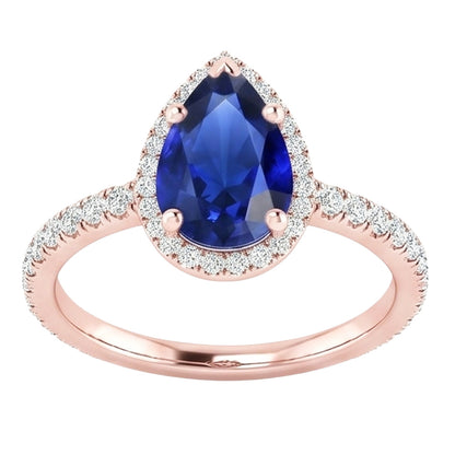 Halo Gold Anniversary Ring Pear Blue Sapphire & Natural Earth Mined Diamonds 5 Carats