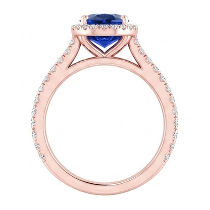 Halo Gold Anniversary Ring Pear Blue Sapphire & Natural Earth Mined Diamonds 5 Carats