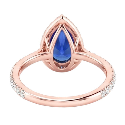 Halo Gold Anniversary Ring Pear Blue Sapphire & Natural Earth Mined Diamonds 5 Carats