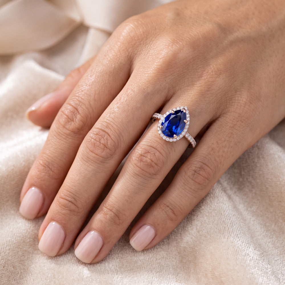 Halo Gold Anniversary Ring Pear Blue Sapphire & Natural Earth Mined Diamonds 5 Carats