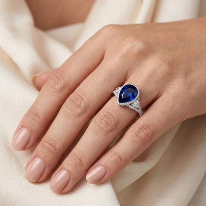 Halo Gold Ring Blue Sapphire With Natural Earth Mined Diamond Side Stones 4.50 Carats