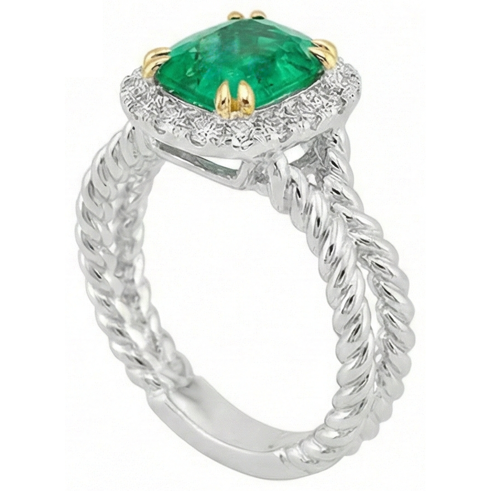 Natural Real ( Not Lab Grown ) Halo Green Emerald GIA Ring Unique Design Twisted Shank