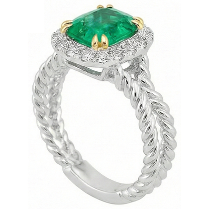 Natural Real ( Not Lab Grown ) Halo Green Emerald GIA Ring Unique Design Twisted Shank