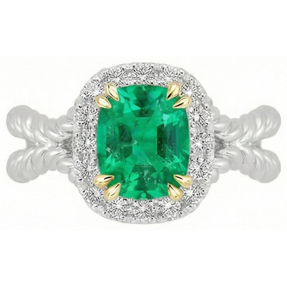 Natural Real ( Not Lab Grown ) Halo Green Emerald GIA Ring Unique Design Twisted Shank