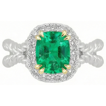 Natural Real ( Not Lab Grown ) Halo Green Emerald GIA Ring Unique Design Twisted Shank