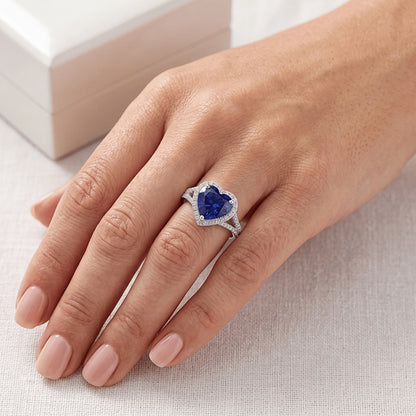 Halo Heart Blue Sapphire Ring Pave Split Shank Natural Earth Mined Diamonds 3.50 Carats