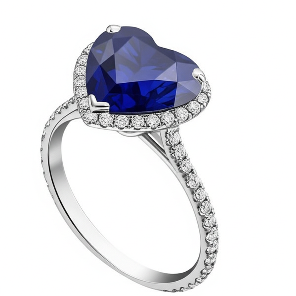 Halo Heart Ceylon Sapphire Engagement Ring 4.50 Carats Natural Earth Mined Diamond Jewelry