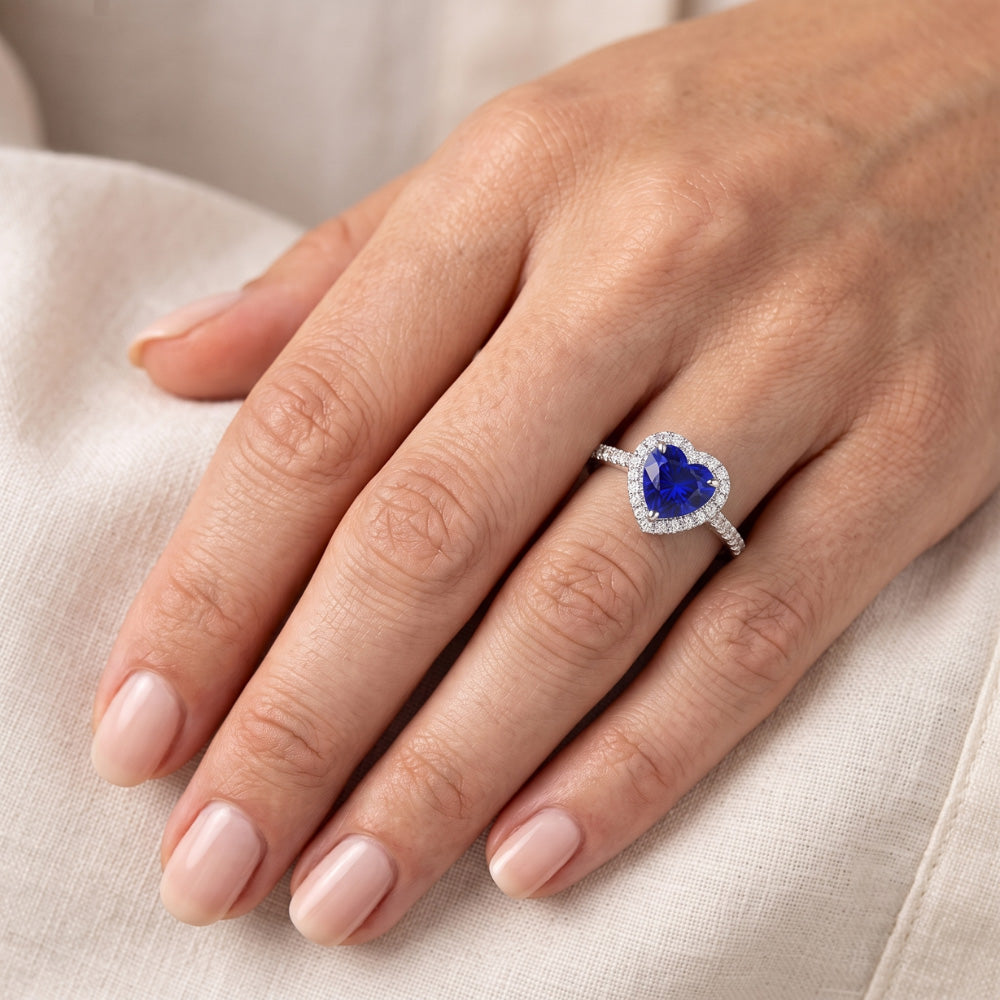 Halo Heart Ceylon Sapphire Engagement Ring 4.50 Carats Natural Earth Mined Diamond Jewelry