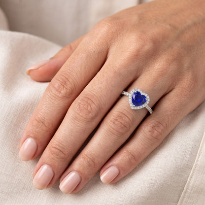 Halo Heart Ceylon Sapphire Engagement Ring 4.50 Carats Natural Earth Mined Diamond Jewelry
