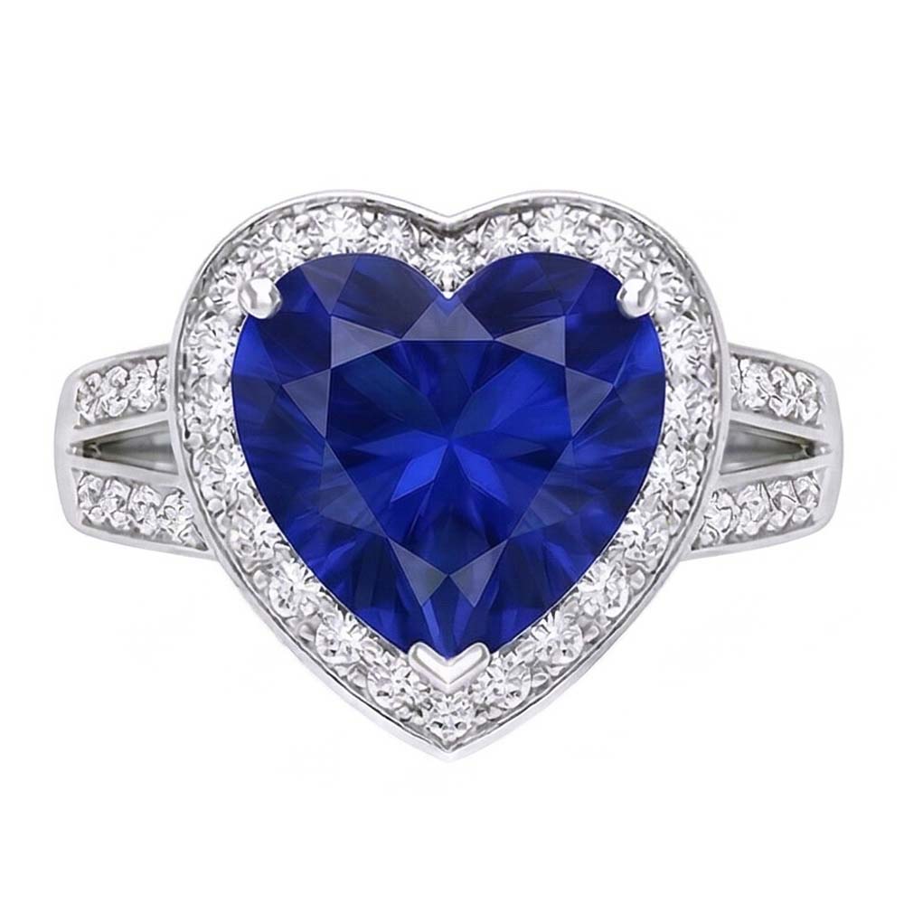 Halo Heart Ceylon Sapphire Ring Split Shank Natural Earth Mined Diamonds 4.50 Carats