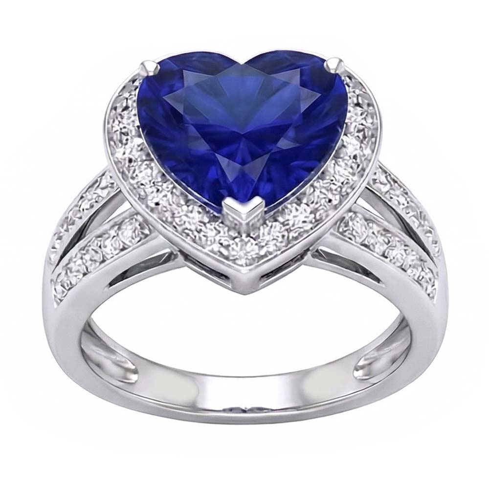 Halo Heart Ceylon Sapphire Ring Split Shank Natural Earth Mined Diamonds 4.50 Carats