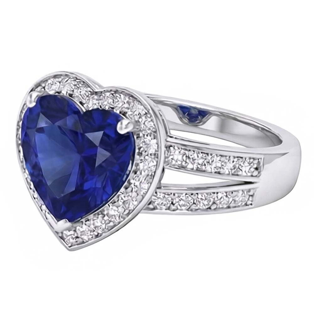Halo Heart Ceylon Sapphire Ring Split Shank Natural Earth Mined Diamonds 4.50 Carats