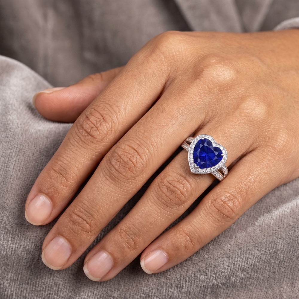 Halo Heart Ceylon Sapphire Ring Split Shank Natural Earth Mined Diamonds 4.50 Carats