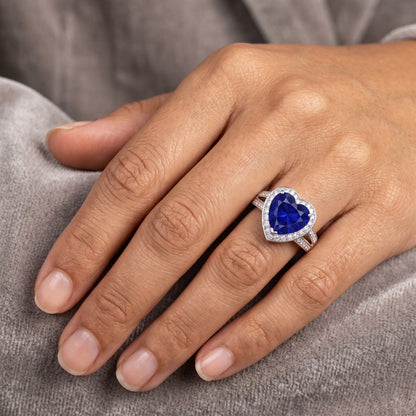 Halo Heart Ceylon Sapphire Ring Split Shank Natural Earth Mined Diamonds 4.50 Carats