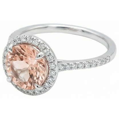 Halo Morganite And Natural Earth Mined Diamonds 15.50 Carats Ring White Gold 14K