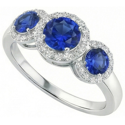 Halo Natural Earth Mined Diamond 3 Stone Style Ceylon Sapphire Ring 4.50 Carats White Gold