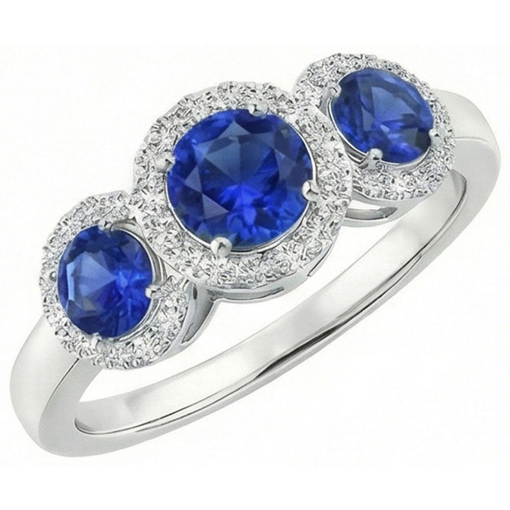 Halo Natural Earth Mined Diamond 3 Stone Style Ceylon Sapphire Ring 4.50 Carats White Gold