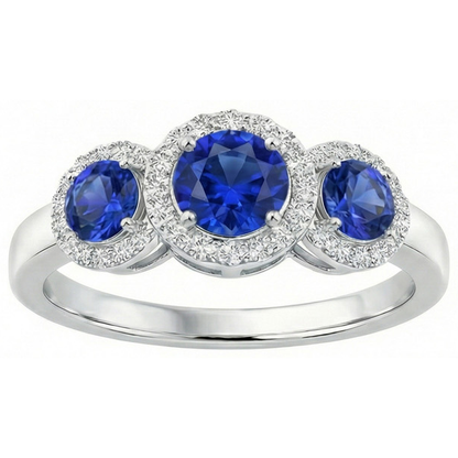 Halo Natural Earth Mined Diamond 3 Stone Style Ceylon Sapphire Ring 4.50 Carats White Gold