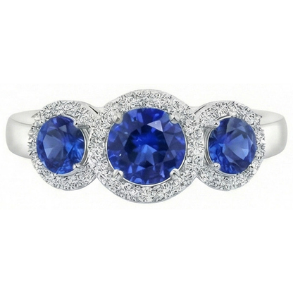 Halo Natural Earth Mined Diamond 3 Stone Style Ceylon Sapphire Ring 4.50 Carats White Gold