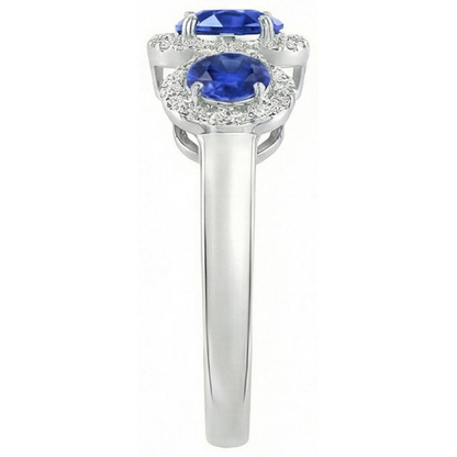 Halo Natural Earth Mined Diamond 3 Stone Style Ceylon Sapphire Ring 4.50 Carats White Gold