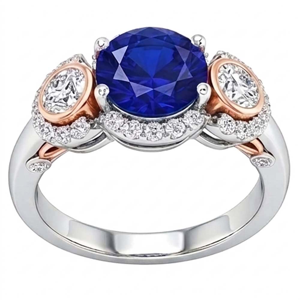 Halo Natural Earth Mined Diamond Anniversary Ring Round Blue Sapphire Two Tone 3.50 Carats