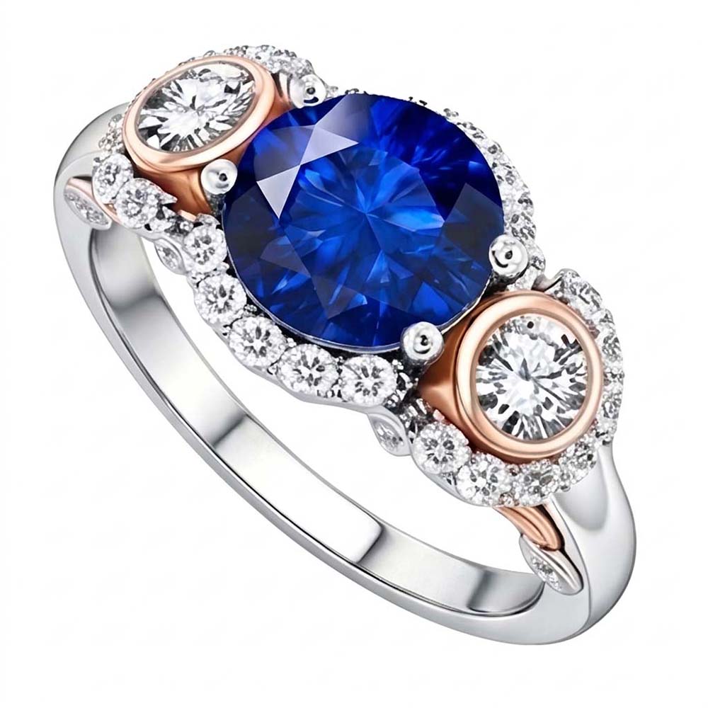 Halo Natural Earth Mined Diamond Anniversary Ring Round Blue Sapphire Two Tone 3.50 Carats