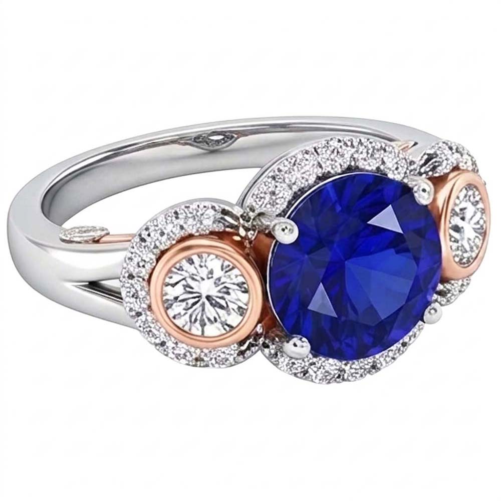 Halo Natural Earth Mined Diamond Anniversary Ring Round Blue Sapphire Two Tone 3.50 Carats