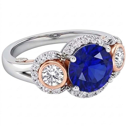 Halo Natural Earth Mined Diamond Anniversary Ring Round Blue Sapphire Two Tone 3.50 Carats