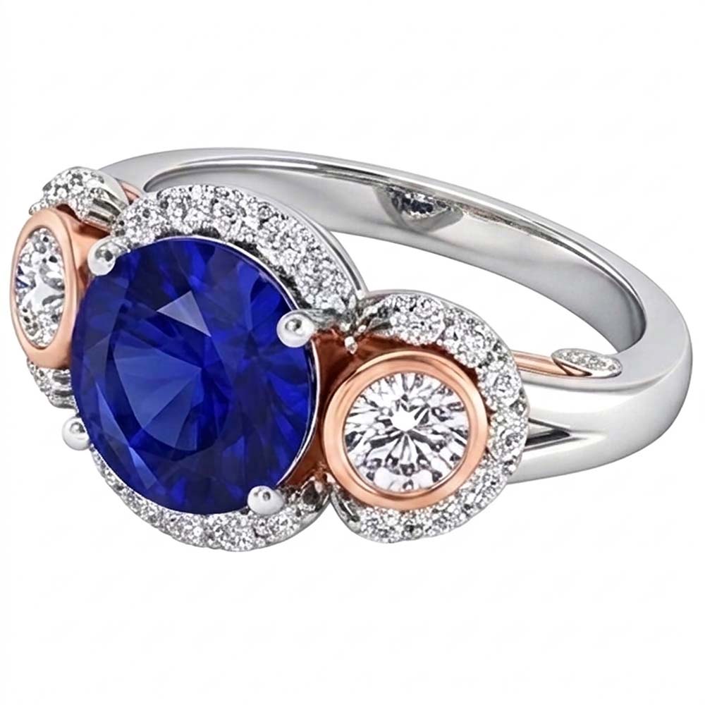Halo Natural Earth Mined Diamond Anniversary Ring Round Blue Sapphire Two Tone 3.50 Carats