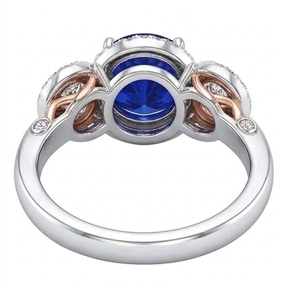Halo Natural Earth Mined Diamond Anniversary Ring Round Blue Sapphire Two Tone 3.50 Carats