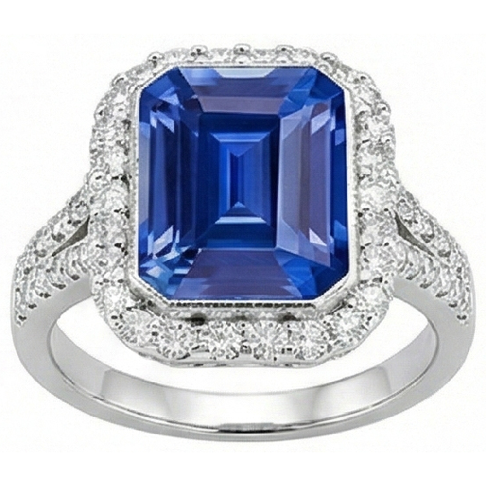 Halo Natural Earth Mined Diamond Bezel Set Emerald Blue Sapphire Engagement Ring 4 Carats