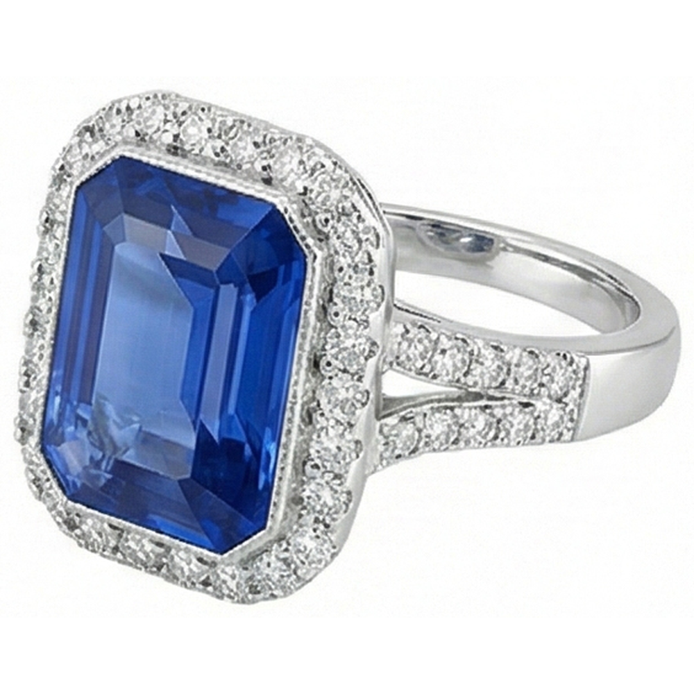 Halo Natural Earth Mined Diamond Bezel Set Emerald Blue Sapphire Engagement Ring 4 Carats