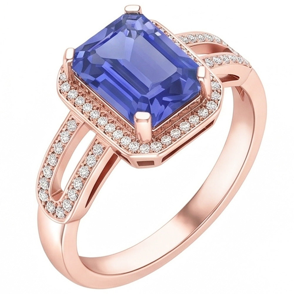 Halo Natural Earth Mined Diamond Blue Sapphire Emerald Ring 3.50 Carats Rose Gold 14K