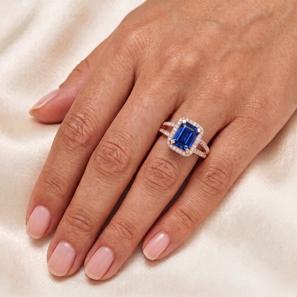 Halo Natural Earth Mined Diamond Blue Sapphire Emerald Ring 3.50 Carats Rose Gold 14K