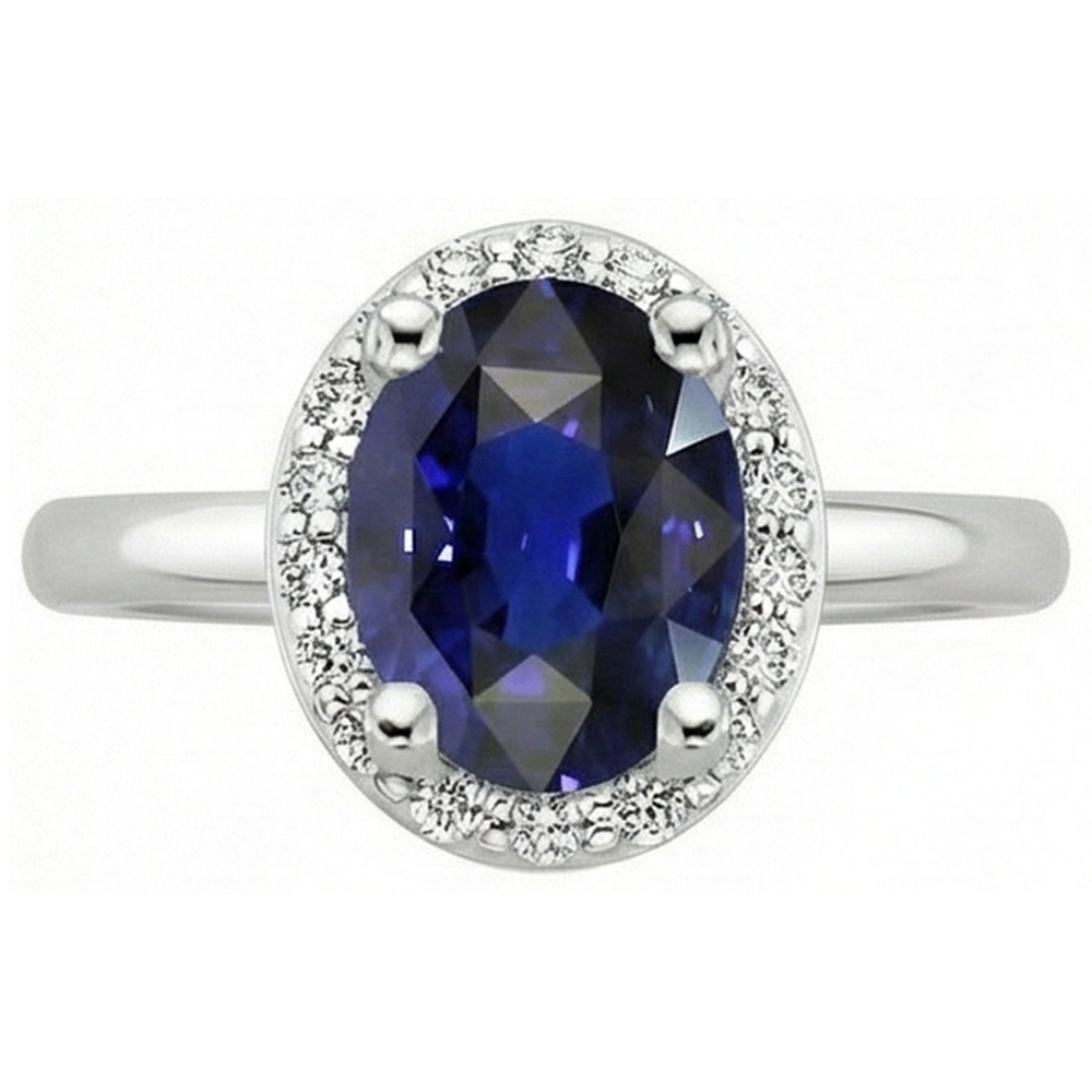 Halo Natural Earth Mined Diamond Blue Sapphire Engagement Ring 4 Carats White Gold 14K