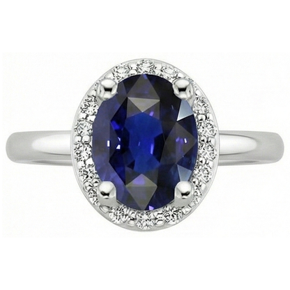 Halo Natural Earth Mined Diamond Blue Sapphire Engagement Ring 4 Carats White Gold 14K