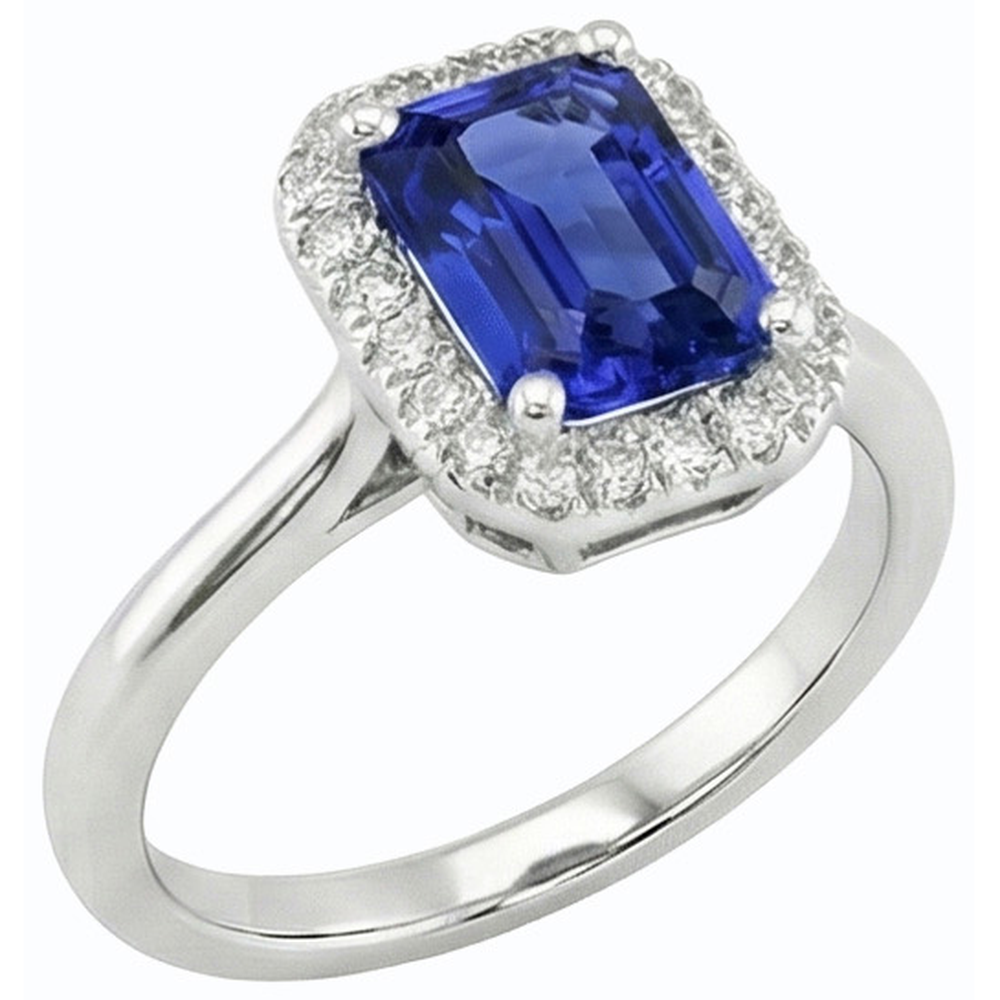 Halo Natural Earth Mined Diamond Blue Sapphire Ring Emerald Cut 3 Carats White Gold 14K