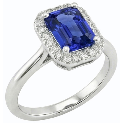 Halo Natural Earth Mined Diamond Blue Sapphire Ring Emerald Cut 3 Carats White Gold 14K