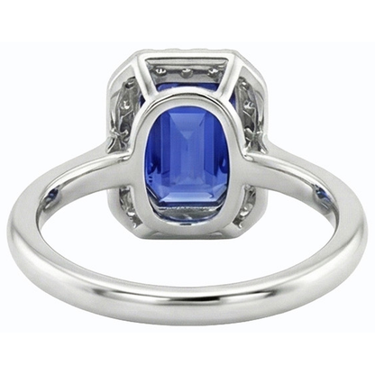 Halo Natural Earth Mined Diamond Blue Sapphire Ring Emerald Cut 3 Carats White Gold 14K