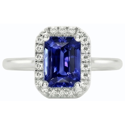 Halo Natural Earth Mined Diamond Blue Sapphire Ring Emerald Cut 3 Carats White Gold 14K