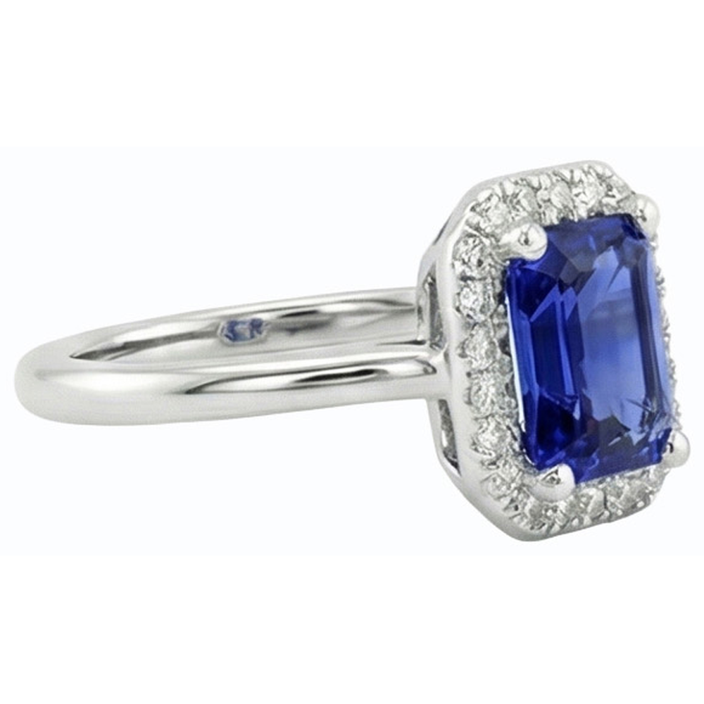 Halo Natural Earth Mined Diamond Blue Sapphire Ring Emerald Cut 3 Carats White Gold 14K