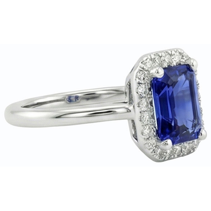 Halo Natural Earth Mined Diamond Blue Sapphire Ring Emerald Cut 3 Carats White Gold 14K