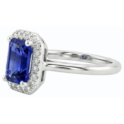 Halo Natural Earth Mined Diamond Blue Sapphire Ring Emerald Cut 3 Carats White Gold 14K