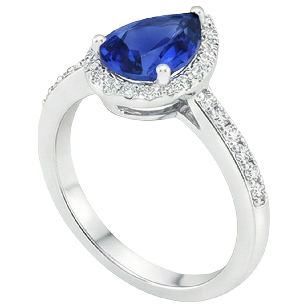 Halo Natural Earth Mined Diamond Blue Sapphire Teardrop Style Ring With Accents 5.50 Carat
