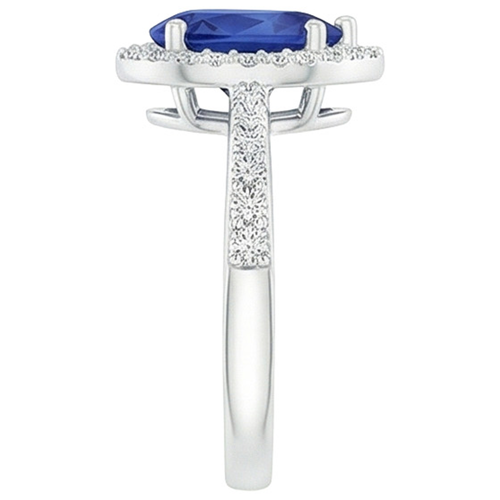 Halo Natural Earth Mined Diamond Blue Sapphire Teardrop Style Ring With Accents 5.50 Carat