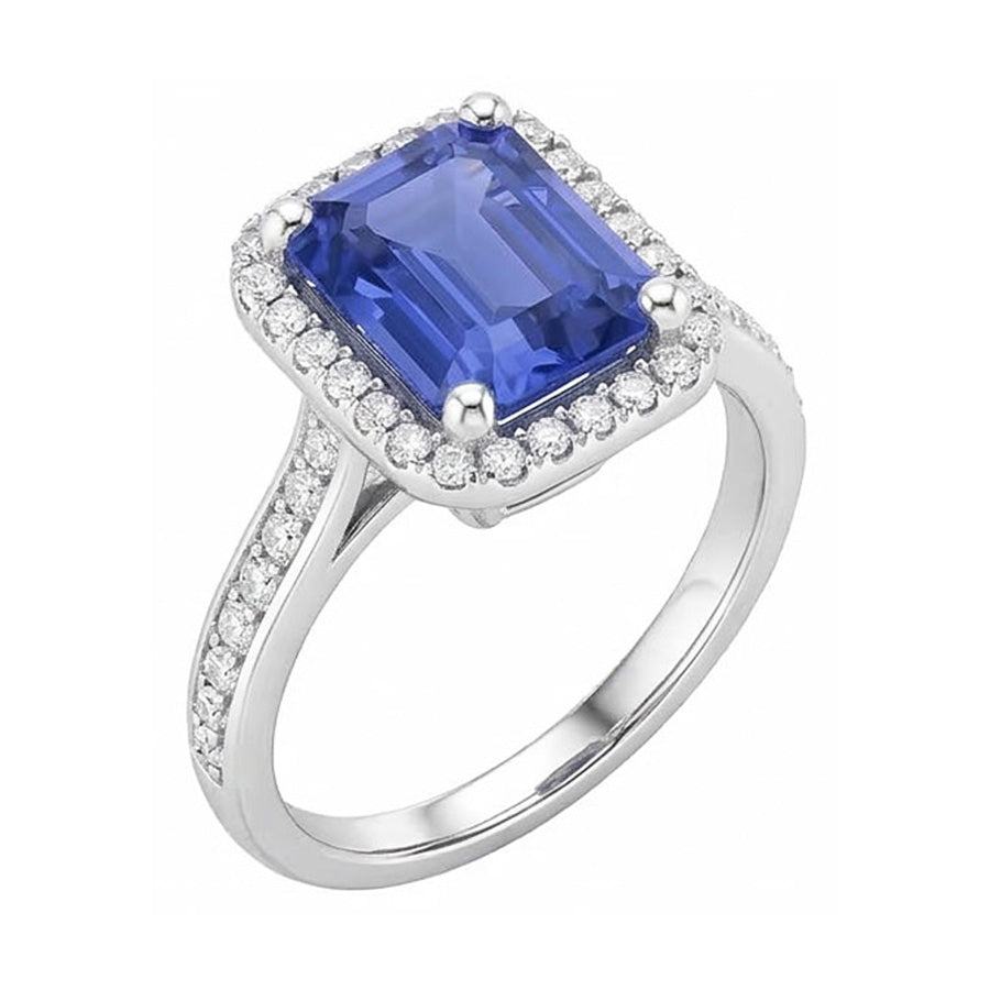 Halo Natural Earth Mined Diamond Blue Sapphire Wedding Ring Emerald Cut 3.50 Carats Gold