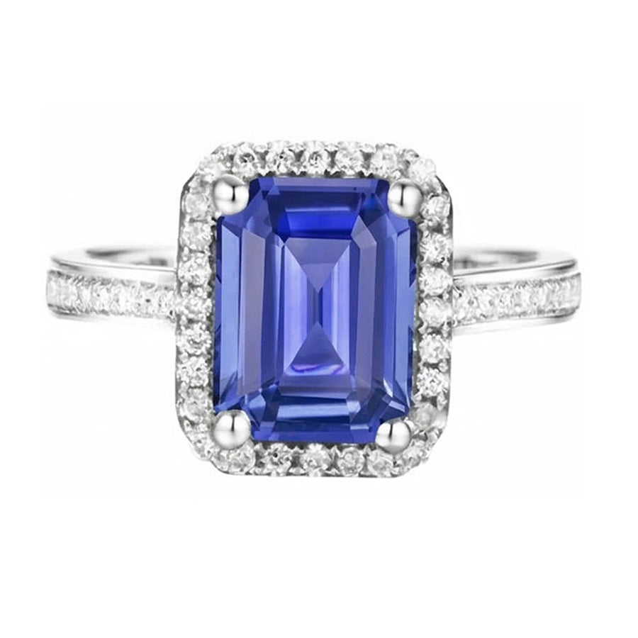 Halo Natural Earth Mined Diamond Blue Sapphire Wedding Ring Emerald Cut 3.50 Carats Gold