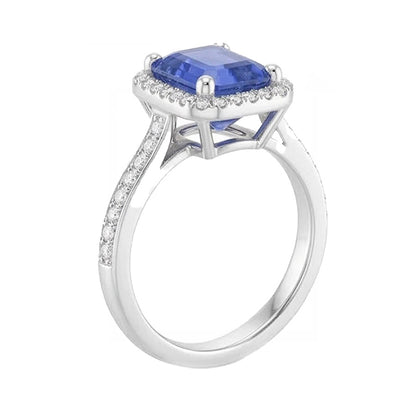 Halo Natural Earth Mined Diamond Blue Sapphire Wedding Ring Emerald Cut 3.50 Carats Gold