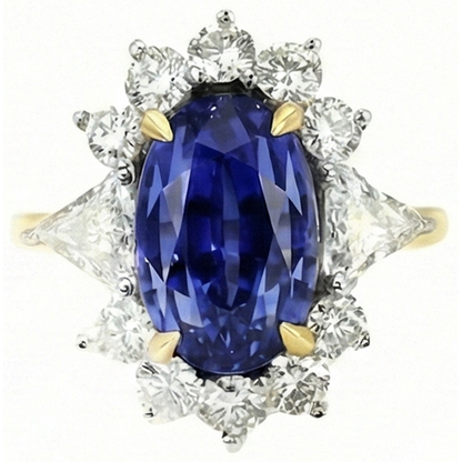 Halo Natural Earth Mined Diamond Ceylon Sapphire Ring 4.25 Carats Two Tone Sunburst Style