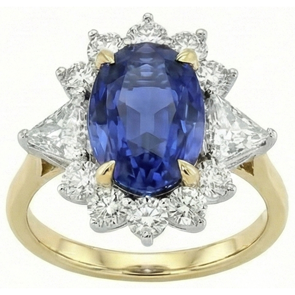 Halo Natural Earth Mined Diamond Ceylon Sapphire Ring 4.25 Carats Two Tone Sunburst Style